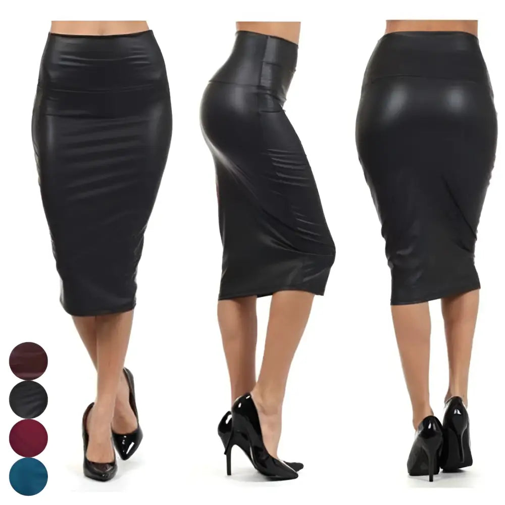 Black women high waist faux leather pencil skirt with smooth glossy finish perfect for formal and casual wear