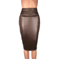 A sleek brown women high waist faux leather pencil skirt with a glossy finish for stylish formal wear