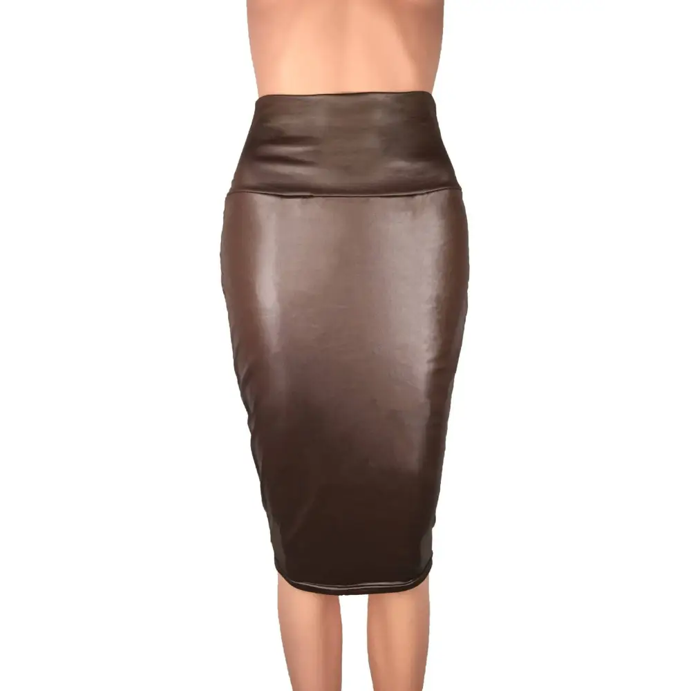 A sleek brown women high waist faux leather pencil skirt with a glossy finish for stylish formal wear