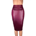 A women high waist faux leather pencil skirt in glossy burgundy form-fitting material for stylish wear