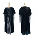 Black velvet women medieval gothic witch velvet hooded cape dress with lace-up front and sheer gray patterned sleeves