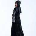 Black velvet women medieval gothic witch velvet hooded gown with textured matte finish and sheer side panel