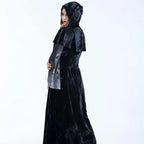 Black velvet women medieval gothic witch velvet hooded gown with textured matte finish and sheer side panel