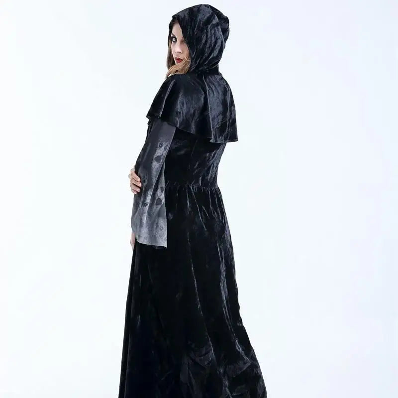 Black velvet women medieval gothic witch velvet hooded gown with textured matte finish and sheer side panel