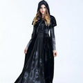 Black velvet women medieval gothic witch velvet hooded dress with skull print and attached hood for halloween