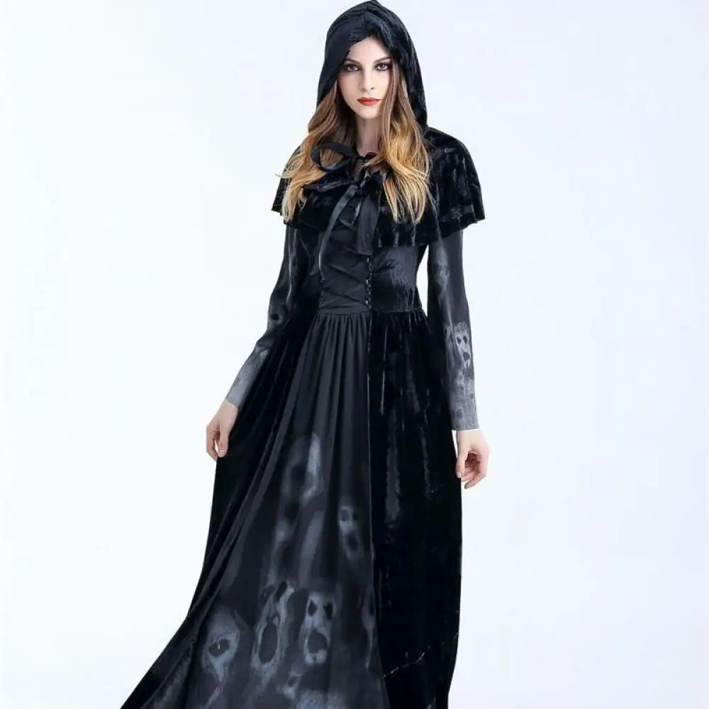 Black velvet women medieval gothic witch velvet hooded dress with skull print and attached hood for halloween