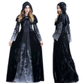 Black velvet women medieval gothic witch velvet hooded dress with skull print and attached hood for halloween use
