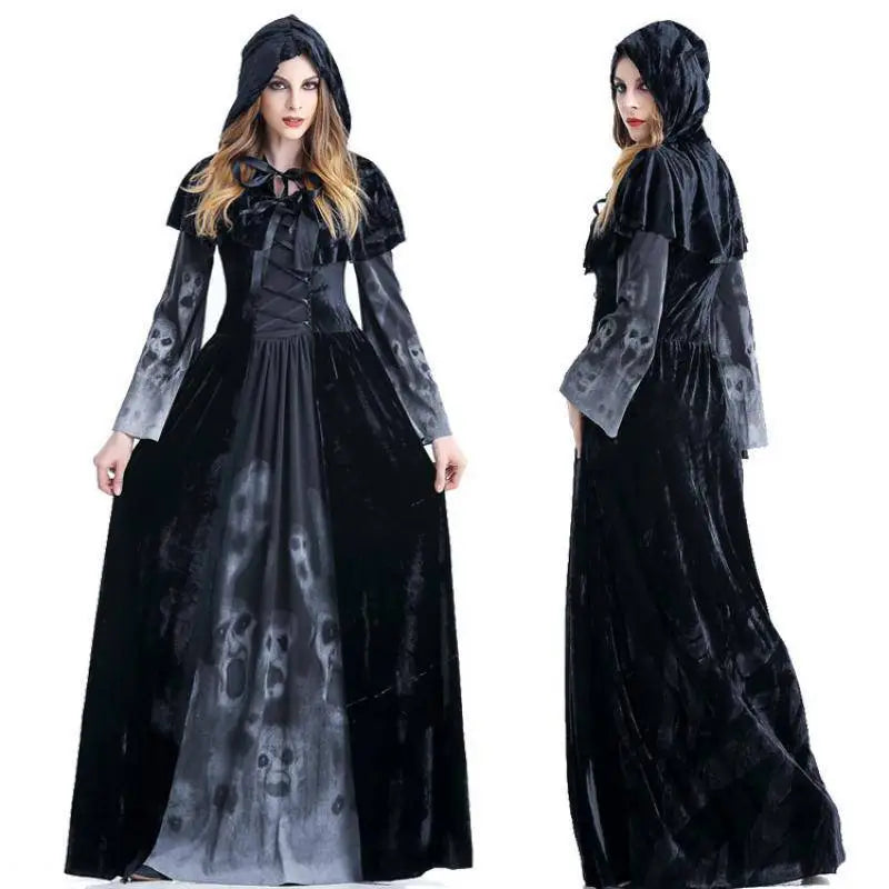 Black velvet women medieval gothic witch velvet hooded dress with skull print and attached hood for halloween use