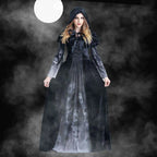 Black velvet women medieval gothic witch velvet hooded dress with lace-up bodice and skull-patterned sleeves