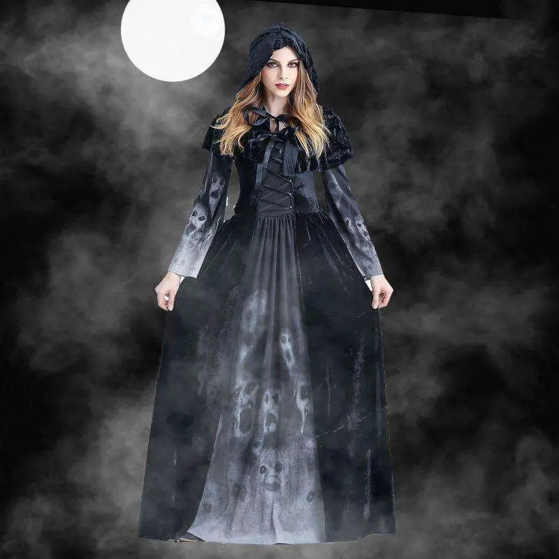 Black velvet women medieval gothic witch velvet hooded dress with lace-up bodice and skull-patterned sleeves
