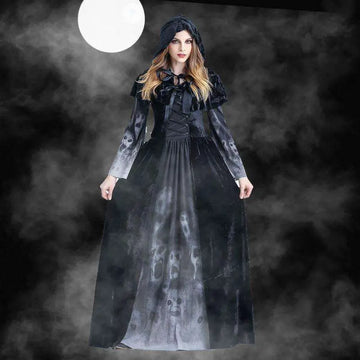 Black velvet women medieval gothic witch velvet hooded dress with lace-up bodice and skull-patterned sleeves