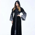 Black velvet women medieval gothic witch velvet hooded dress featuring skull pattern and attached hood for halloween
