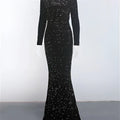 Black sequined modest stretch sequin mermaid gown with fitted silhouette long sleeves and high neckline
