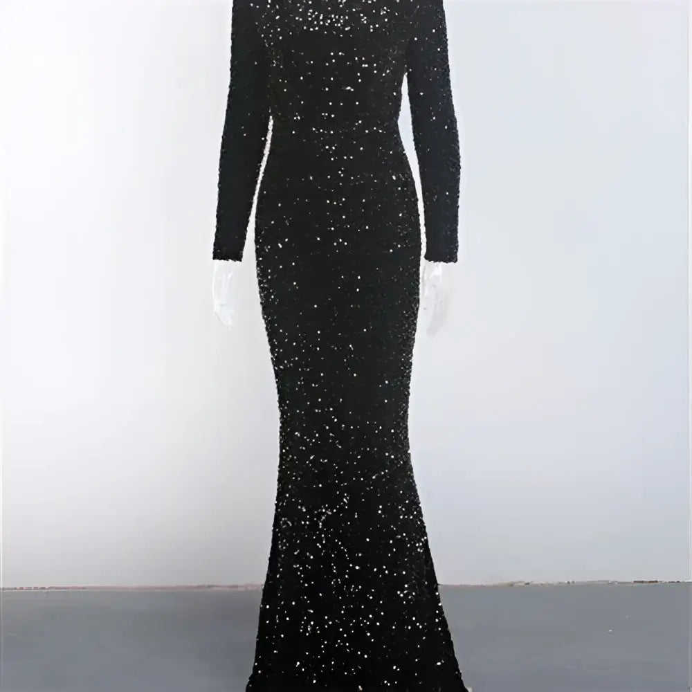 Black sequined modest stretch sequin mermaid gown with fitted silhouette long sleeves and high neckline