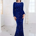 A modest stretch sequin royal blue evening gown with long sleeves and a fitted silhouette for women
