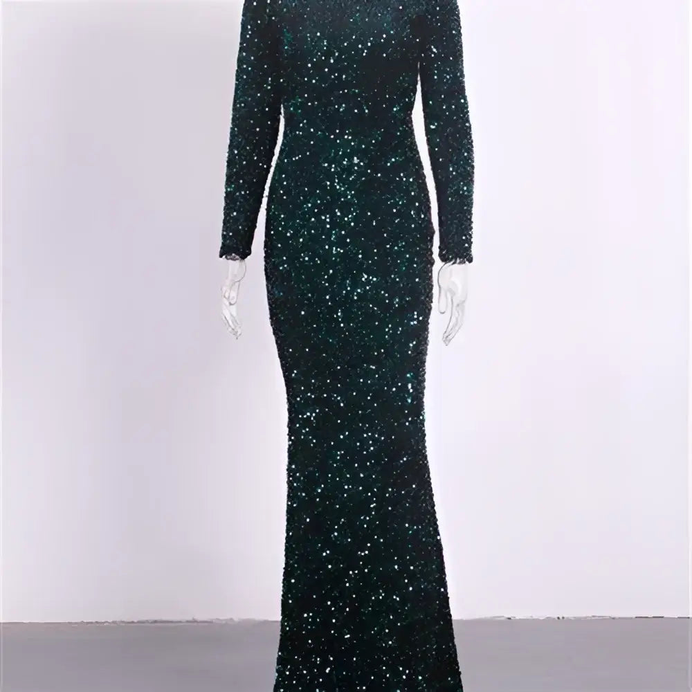 Emerald green modest stretch sequin mermaid gown with long sleeves and a fitted silhouette for evening wear