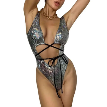 Shiny silver snakeskin wrap swimsuit with black lace-up detailing for women rave holographic snakeskin looks
