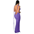A flowing lavender women sexy backless draped satin maxi dress with adjustable tie straps shown from the back side