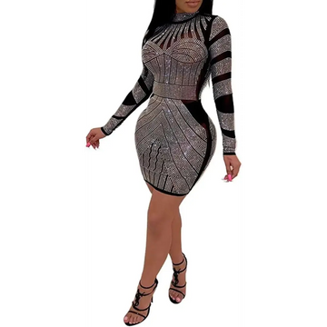 A form-fitting long-sleeved black and silver geometric party dress with sparkling rhinestones for evening dresses