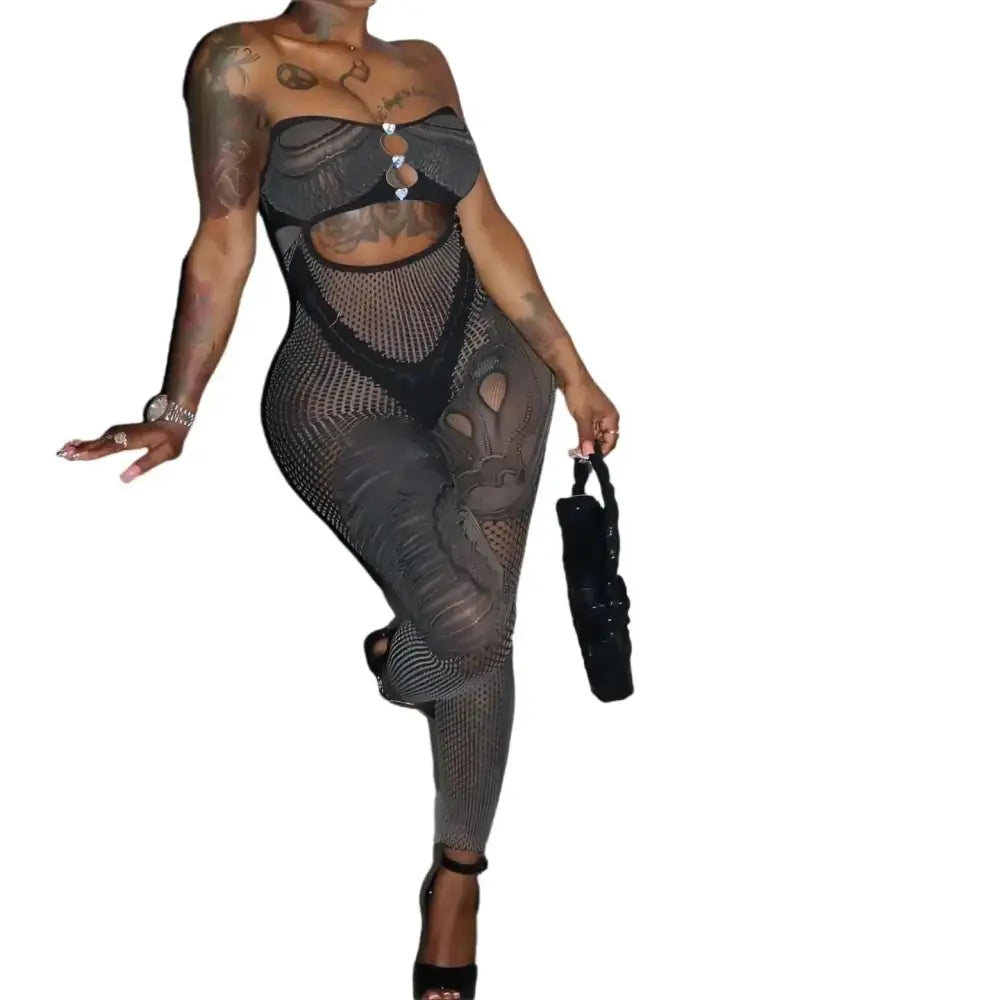Black mesh lace jumpsuit for women sexy mesh with cutout design and lace-up front sexy sleeveless bodycon style