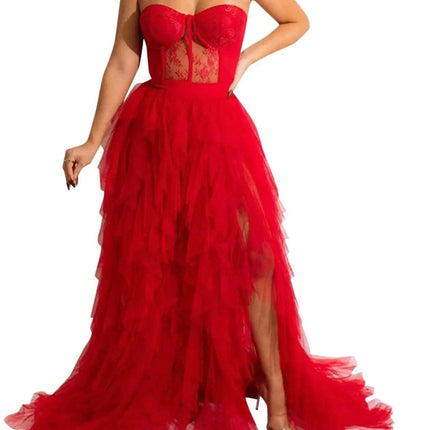 Women Sexy Tulle Dress Crochet Lace Mesh See Through Maxi Cocktail Party Dress 2277 - red - Royalessencelux