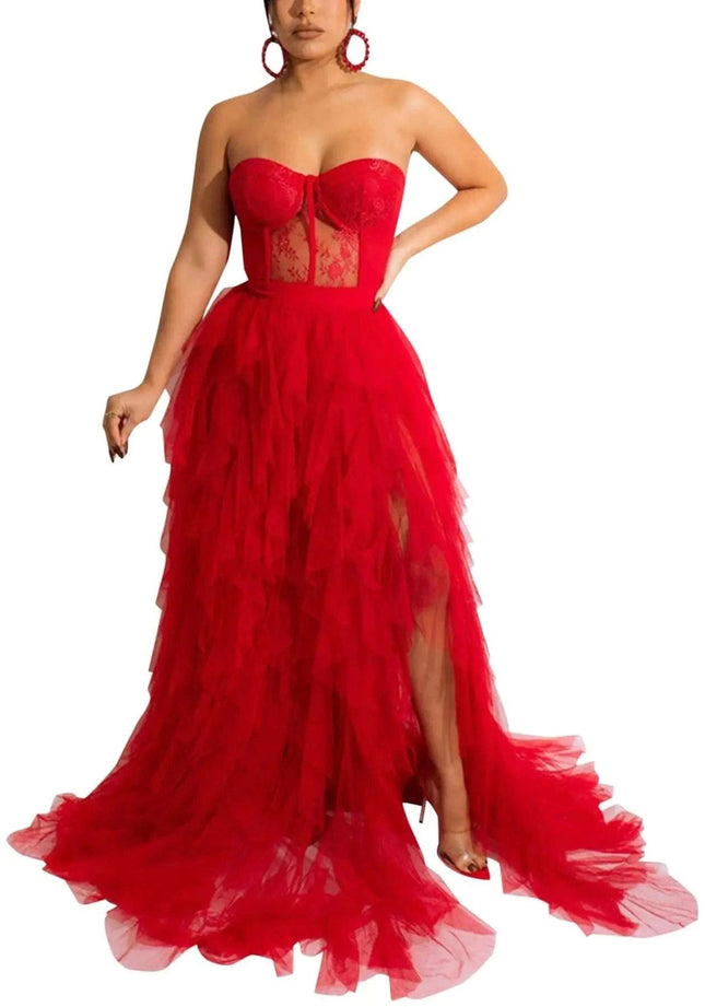 Women Sexy Tulle Dress Crochet Lace Mesh See Through Maxi Cocktail Party Dress 2277 - red - Royalessencelux