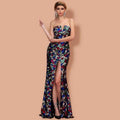 Women sexy strapless evening gown with vibrant mosaic of multicolored shoulder sequin embellishments