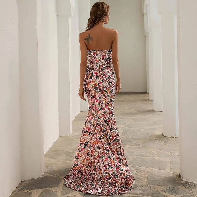 Women sexy strapless mermaid gown with vibrant mosaic pattern in pink red and black and shoulder sequin embellishments