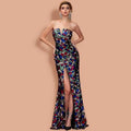 Women sexy strapless gown with vibrant mosaic pattern in blue red and green sequins and shoulder sequin embellishments