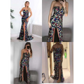 Women sexy strapless floor-length gown with vibrant mosaic pattern and shoulder sequin embellishments on dark fabric