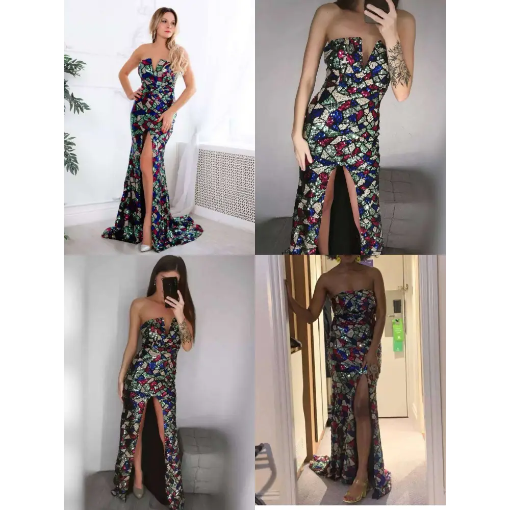 Women sexy strapless floor-length gown with vibrant mosaic pattern and shoulder sequin embellishments on dark fabric