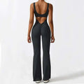 Black sleeveless flare jumpsuit with back cutout and flared legs for flare fitness yoga and high-waisted flared leggings look