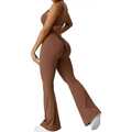 Brown high-waisted flared leggings with side seam detailing in a sleeveless flare fitness yoga set for women
