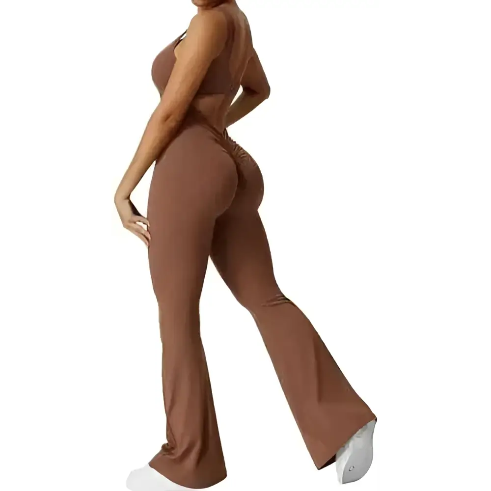 Brown high-waisted flared leggings with side seam detailing in a sleeveless flare fitness yoga set for women