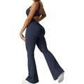 Dark navy blue high-waisted flared leggings with seamless design for flare fitness yoga and sleeveless flare jumpsuit set