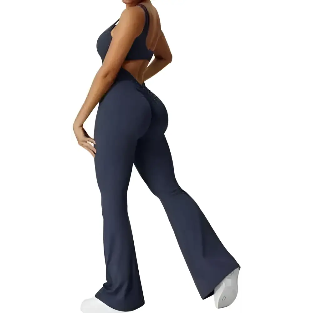 Dark navy blue high-waisted flared leggings with seamless design for flare fitness yoga and sleeveless flare jumpsuit sets