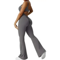 Gray high-waisted flared leggings with a form-fitting design for flare fitness yoga in a women sleeveless flare jumpsuit set
