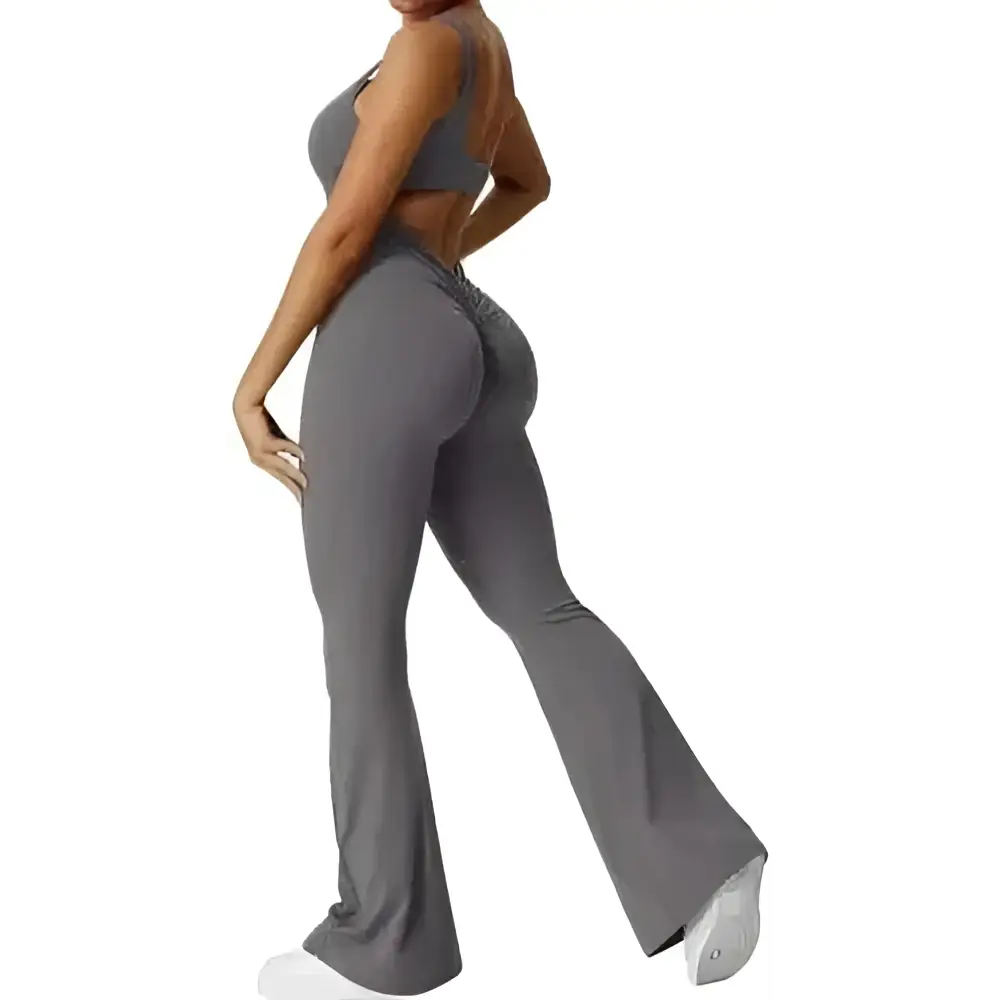 Gray high-waisted flared leggings with a form-fitting design for flare fitness yoga in a women sleeveless flare jumpsuit set
