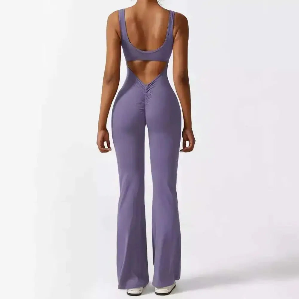 Lavender sleeveless flare jumpsuit with back cutout and ruched detailing for flare fitness yoga activities