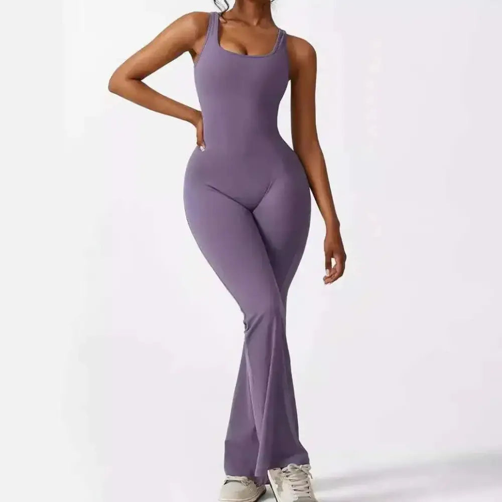 Women sleeveless flare jumpsuit in lavender with square neckline and flared legs for flare fitness yoga sessions