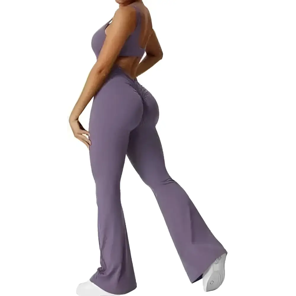 Purple high-waisted flared leggings with side seam detail for women sleeveless flare fitness yoga set