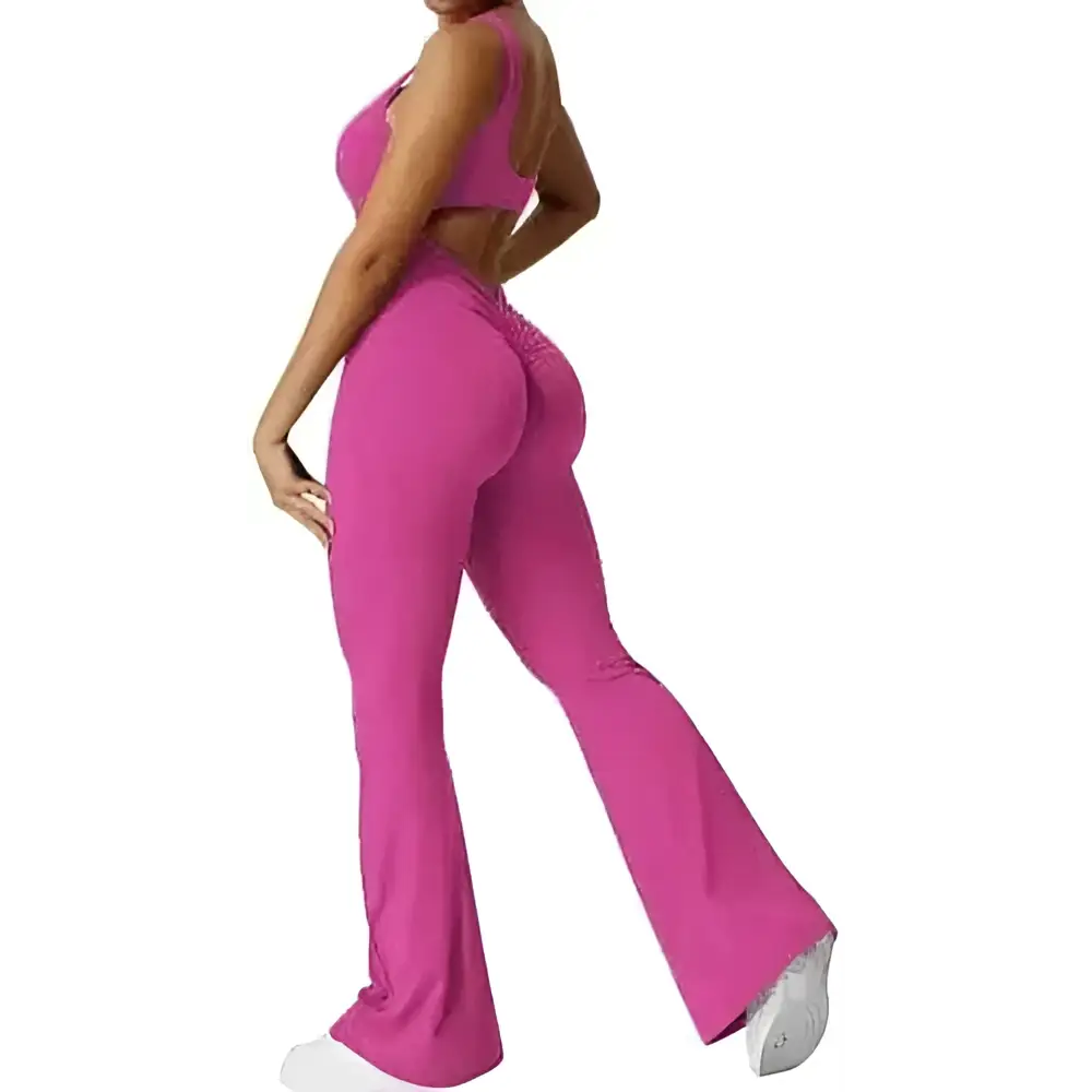 A vibrant fuchsia sleeveless flare fitness yoga set with crop top and high-waisted flared leggings in stretchy fabric