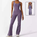 A sleek lavender sleeveless flare jumpsuit with a flattering fit and flared legs for flare fitness yoga sessions
