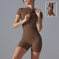 Brown form-fitting shorts jumpsuit yoga bodysuit with short sleeves and a front zipper designed for summer use