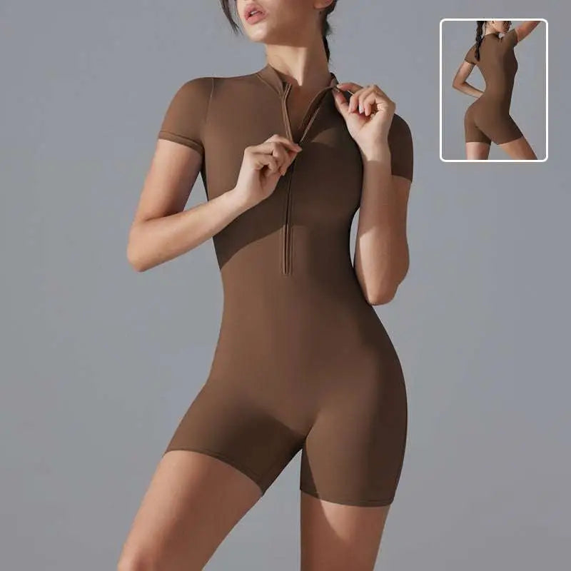 Brown form-fitting shorts jumpsuit yoga bodysuit with short sleeves and a front zipper designed for summer use