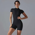 Black form-fitting one-piece shorts jumpsuit yoga bodysuit with short sleeves and front zipper designed for summer use