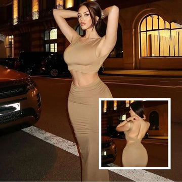 Beige seamless two piece set with cropped women tank tops and high waisted long skirt solid color design