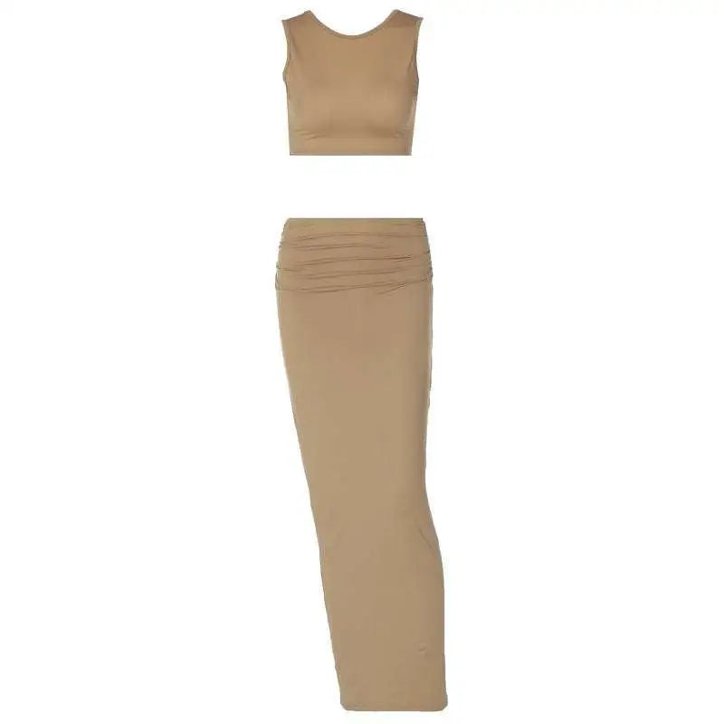 Tan women tank tops two piece set with ruched cropped top and high-waisted long skirt solid color design