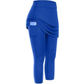 Royal blue women tennis skirted leggings with draped skirt overlay and built-in phone pocket for active use
