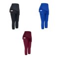 Women tennis skirted leggings in black royal blue and maroon with draped skirt overlay and asymmetrical skirted leggings pockets
